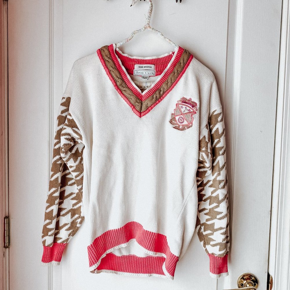 Izod White Pink Brown Preppy Sweater L